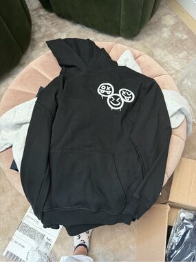 Men's Black Pullover Hoodie with White Smiley Cluster Twenty Four New York